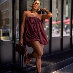 Burgundy Strapless Bubble Romper